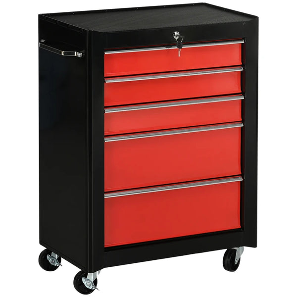 5-Drawer Tool Chest, Lockable Steel Tool Storage Cabinet with Wheels and Handle Tool Box for Garage, Workshop, Red