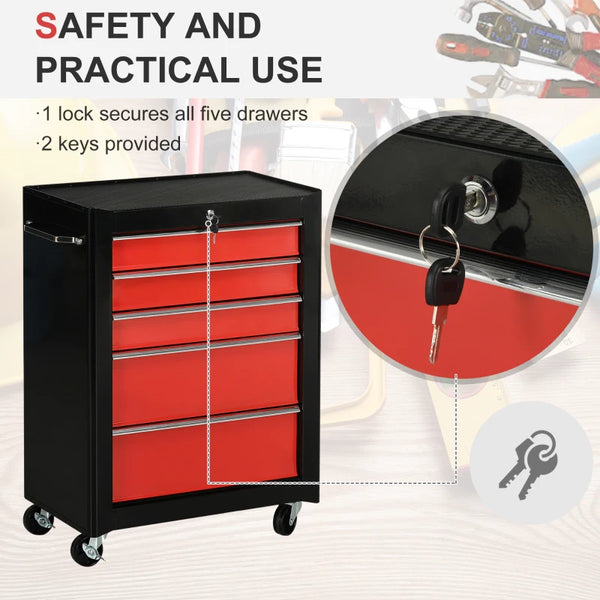 5-Drawer Tool Chest, Lockable Steel Tool Storage Cabinet with Wheels and Handle Tool Box for Garage, Workshop, Red