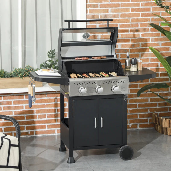 9kW Three-Burner Gas BBQ Grill, with See-Through Lid - Black