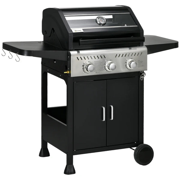 9kW Three-Burner Gas BBQ Grill, with See-Through Lid - Black