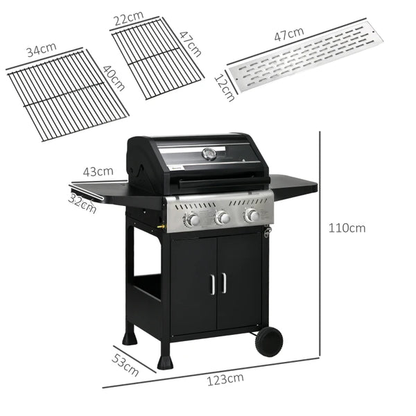 9kW Three-Burner Gas BBQ Grill, with See-Through Lid - Black